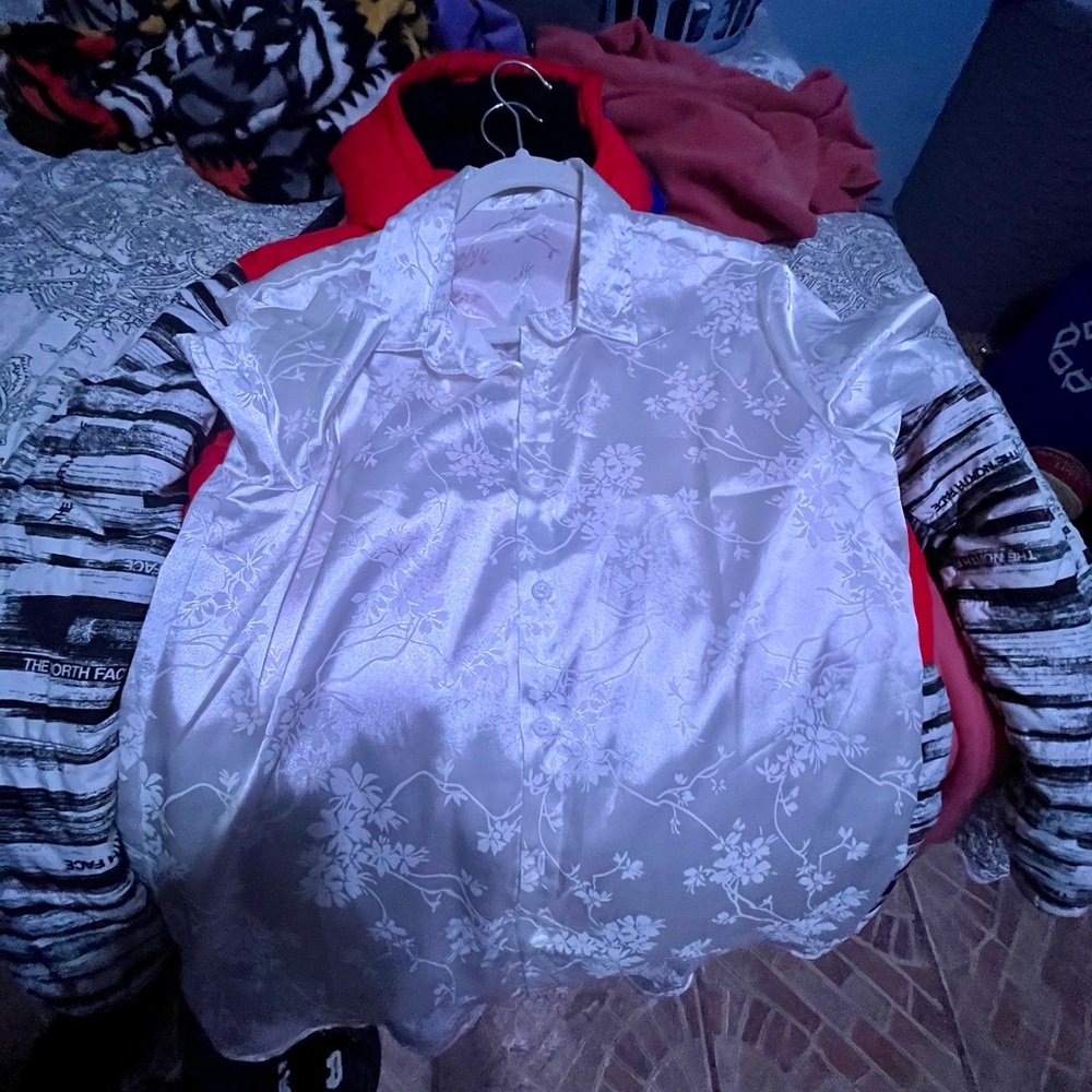 White Button-Up Shirt with Floral Decor